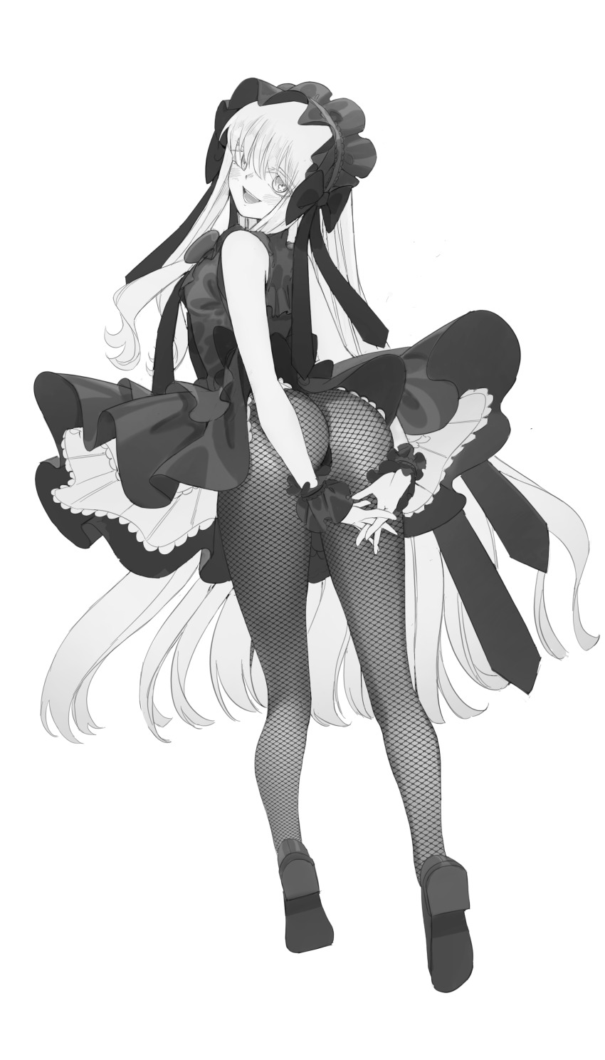 1girl, absurdres, ass, assisted_exposure, blush, dei_matsuri, dress, female_focus, fishnet_pantyhose, fishnets, full_body, highres, hoop_hair_ornament, hornfelstone, kimi_no_koto_ga_dai_dai_dai_dai_daisuki_na_100-nin_no_kanojo, long_hair, monochrome, pantyhose, solo, thong