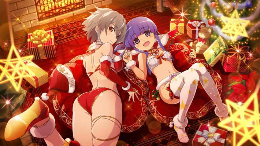 2girls, :d, back, bikini, blue_hair, blurry, blush, box