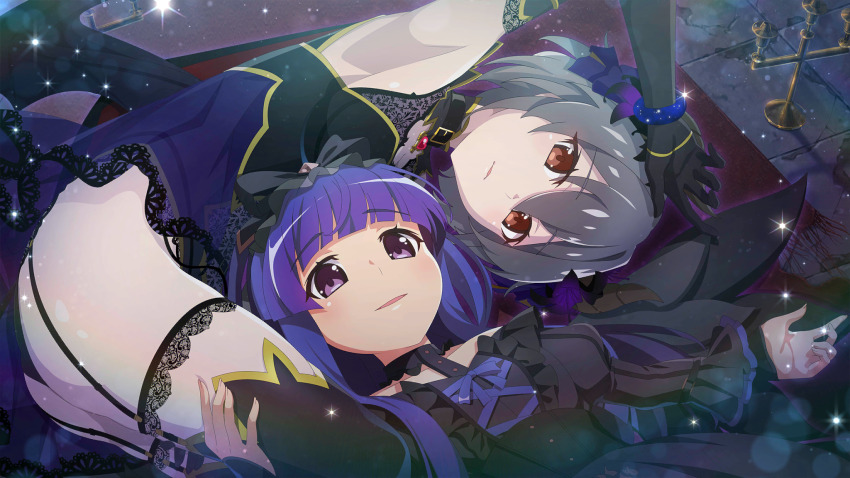 2girls, ass, belt_collar, black_dress, black_leotard, black_wings, blue_hair, bracelet