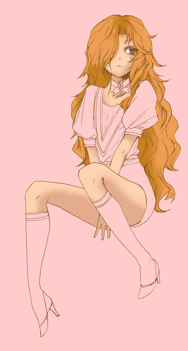 1boy, :<, crossdressing, crossdressing_(mtf), high_heels, long_hair, male_focus, maraich_juschenfe, orange_hair, patalliro!, purple_eyes, sano_toshihide, shoes, shorts, sitting, solo, trap