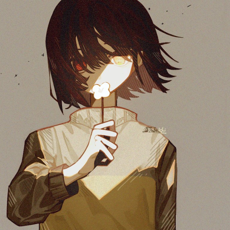 1other, arm_at_side, bob_cut, brown_hair, chara_(undertale), commentary_request, covered_mouth, film_grain