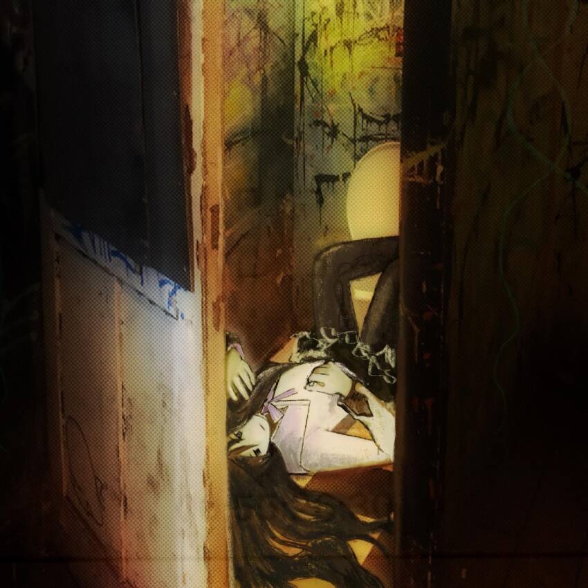 1girl, akemi_homura, akemi_homura_(magical_girl), bathroom, black_eyes, black_hair, black_pantyhose, black_skirt, commentary, doorway, doriansrooms, english_commentary, expressionless, graffiti, hair_spread_out, highres, long_hair, long_sleeves, lying, mahou_shoujo_madoka_magica, on_back, pantyhose, shirt, skirt, solo, toilet, urban, white_shirt