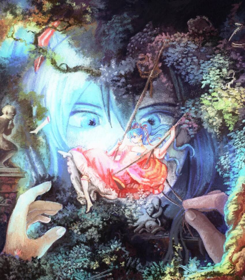 1girl, blue_eyes, blue_hair, boots, commentary, doriansrooms, dress, english_commentary