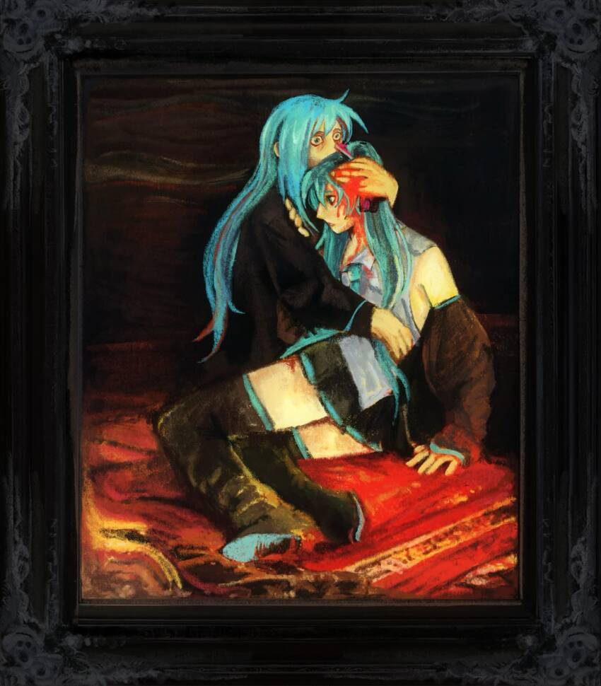 2girls, black_boots, black_skirt, blood, blue_hair, boots, border, clone