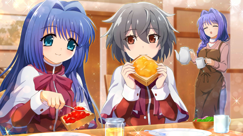 3girls, :d, ^_^, apron, aqua_eyes, blue_hair, blue_pants, bread