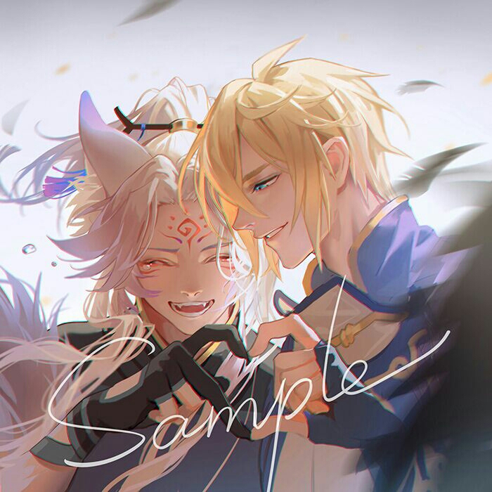 2boys, animal_ears, bishounen, black_gloves, blonde_hair, blue_eyes, closed_eyes, facial_mark