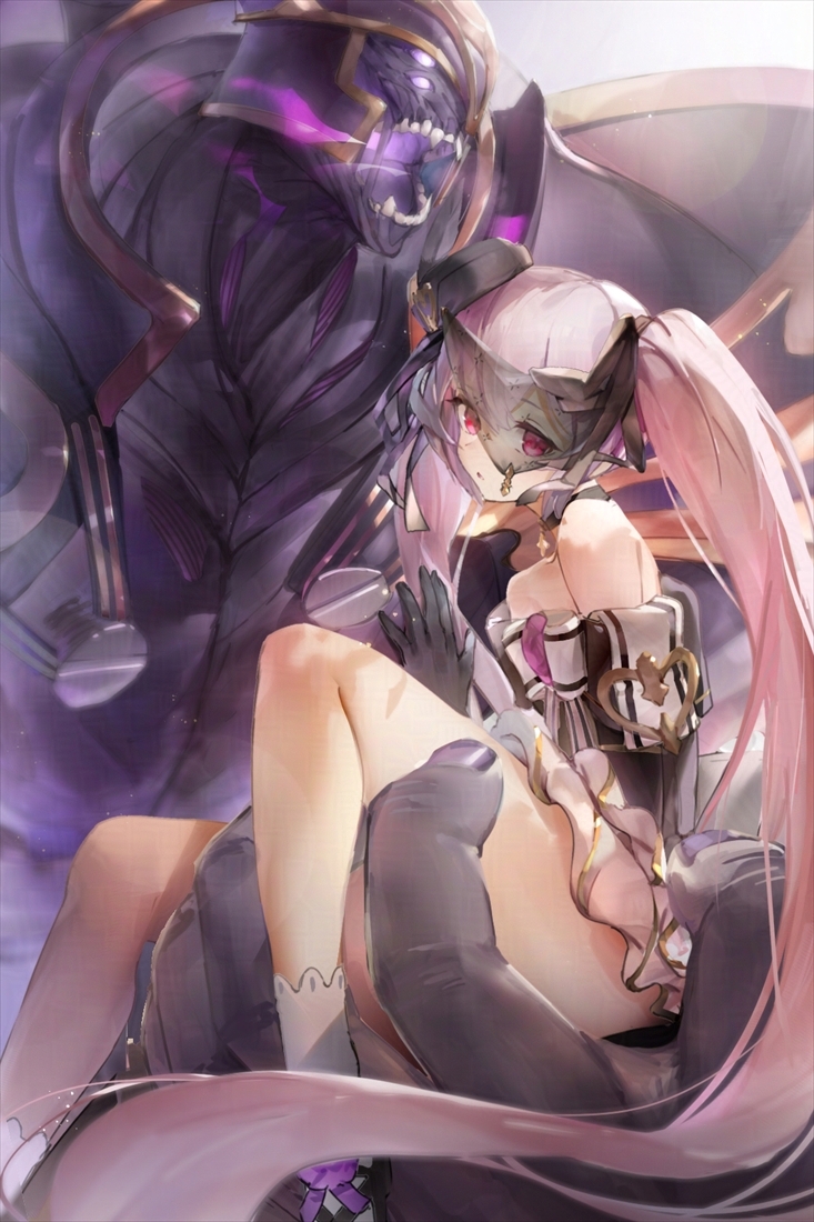 1girl, bare_shoulders, dress, gloves, guardian_tales, long_hair, looking_at_viewer, necromancer_noxia