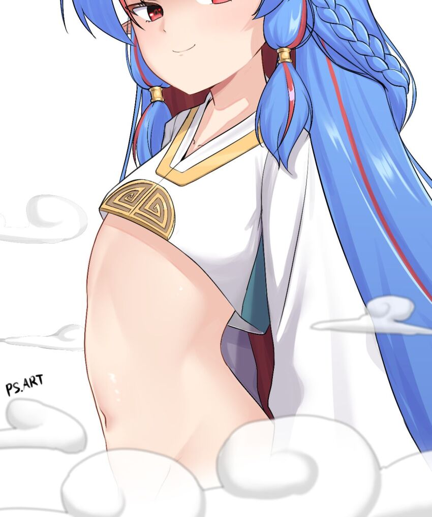 1girl, braid, colored_inner_hair, disartk, eunha_(guardian_tales), guardian_tales, highres, korean_clothes, long_hair, looking_at_viewer, mask, multicolored_hair, navel, oni_mask, pink_hair, pointy_ears, side_braid, smile, solo, stomach, tagme, wide_sleeves