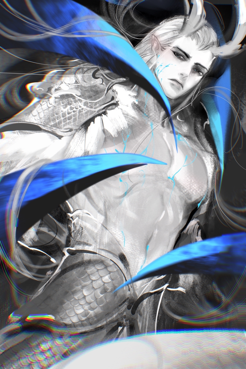 1boy, absurdres, ao_guang_(nezha_zhi_motong_jiangshi), ao_run_(nezha_zhi_motong_jiangshi), blue_claws, cyano-ra, dragon_horns, floating_hair