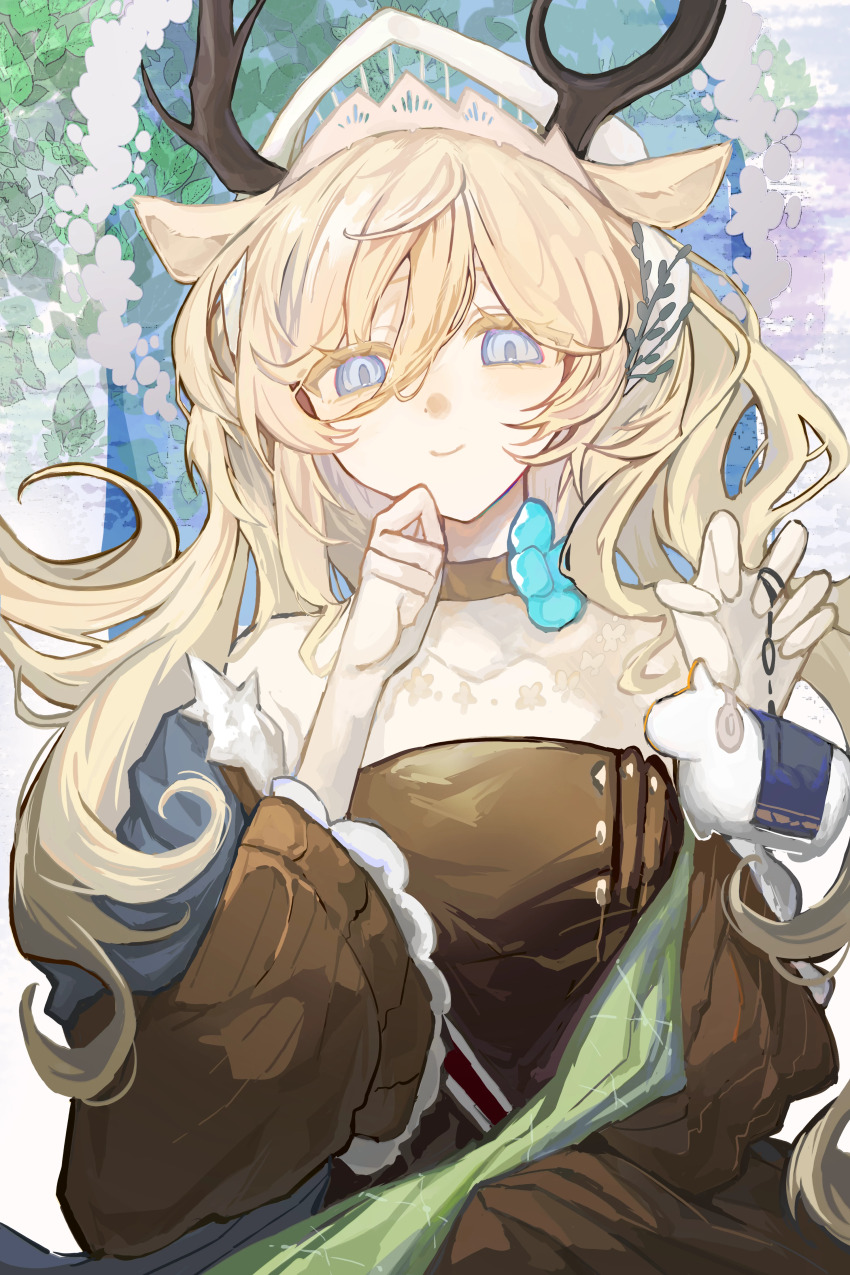 1girl, absurdres, animal_ears, antlers, arknights, blonde_hair, brown_choker, brown_dress