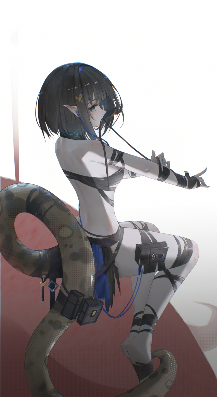 1girl, absurdres, arknights, arm_wrap, bare_back, bare_shoulders, black_hair, blue_hairband