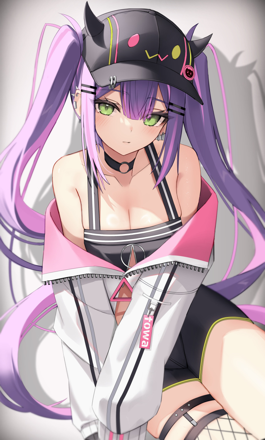 1girl, :3, absurdres, bare_shoulders, bibi_(tokoyami_towa), black_hat, black_shorts, black_tank_top