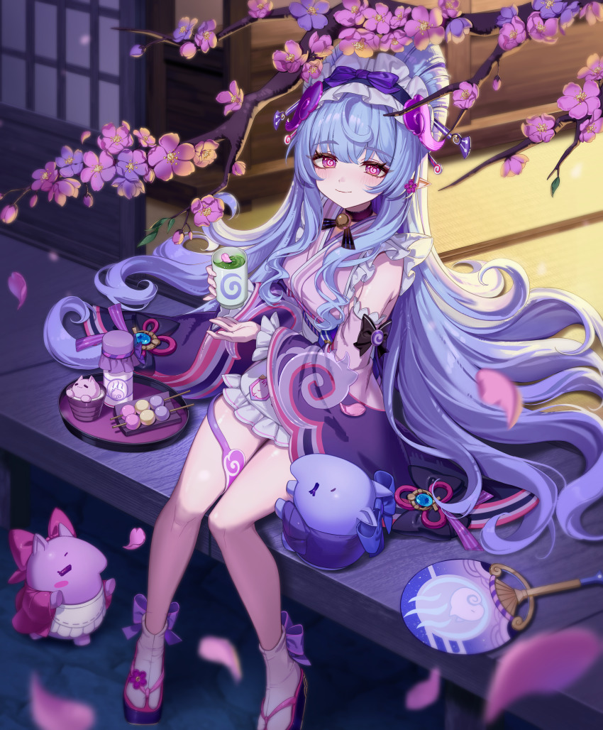 1girl, absurdres, apron, bare_legs, blue_hair, breasts, cherry_blossoms, closed_mouth