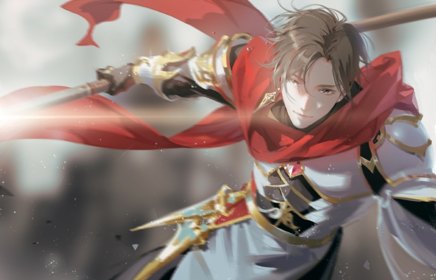 1boy, armor, black_gloves, blurry, blurry_background, brown_eyes, brown_hair, cape