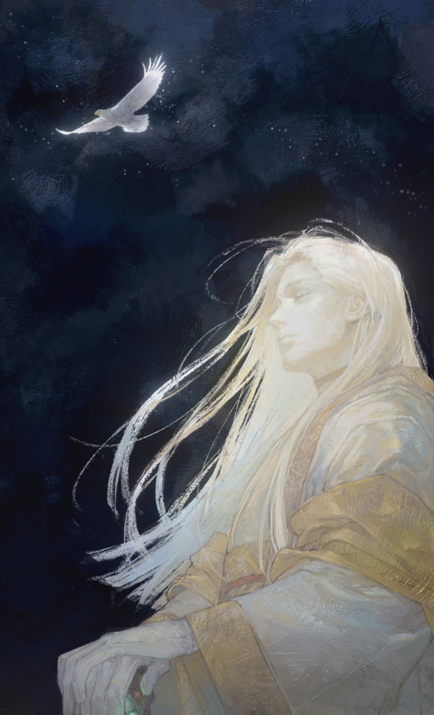 1boy, bird, blonde_hair, closed_eyes, closed_mouth, creamyghost, expressionless, hawk