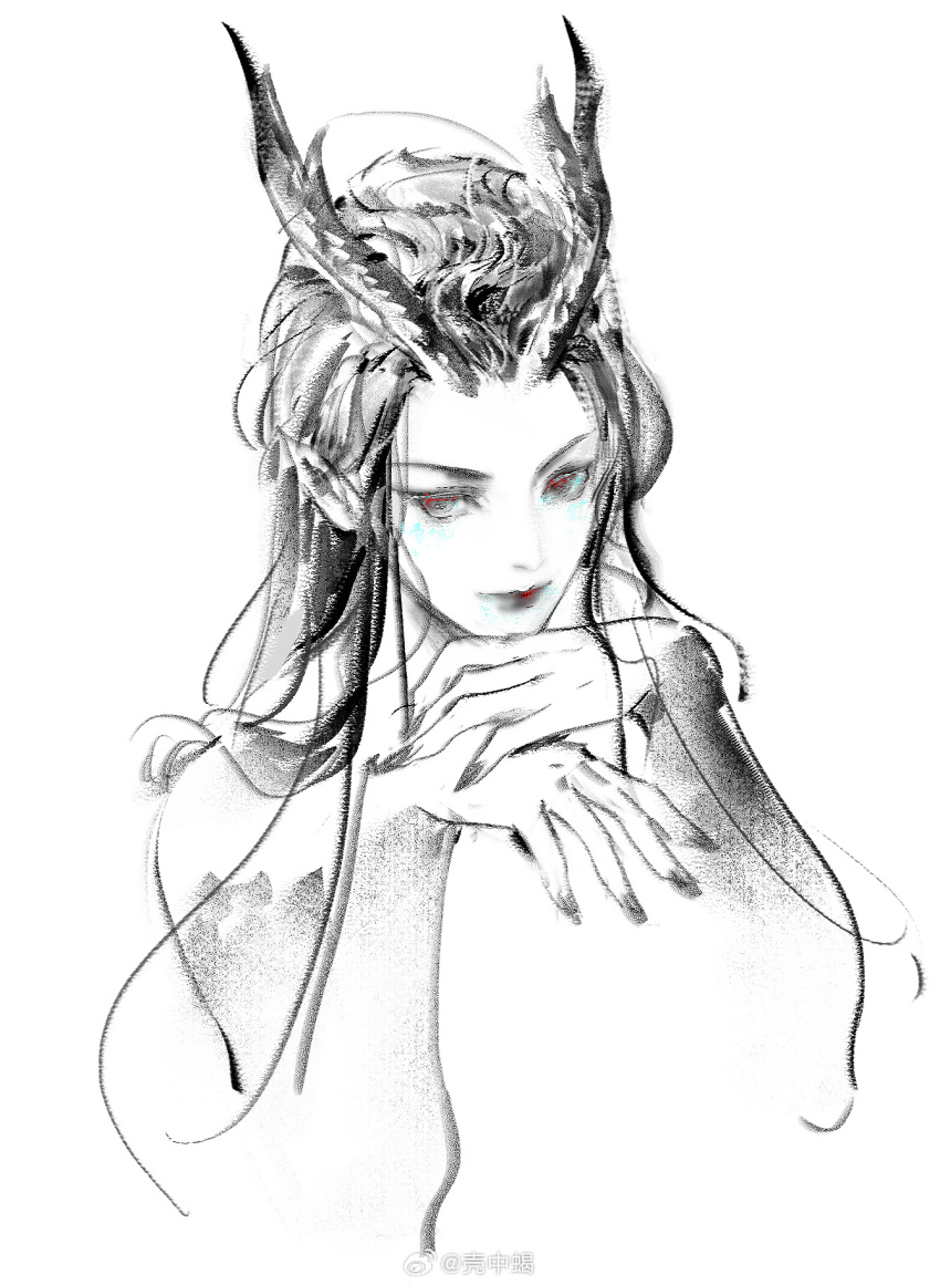 1girl, ao_run_(nezha_zhi_motong_jiangshi), dragon_girl, dragon_horns, greyscale, highres, horns, long_hair