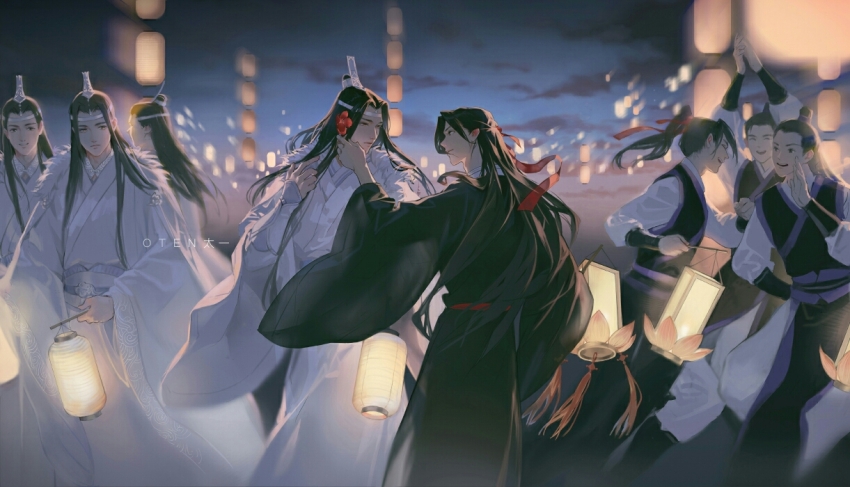 2boys, 6+others, black_hair, black_hanfu, chinese_clothes, closed_eyes, cloud, fur_trim