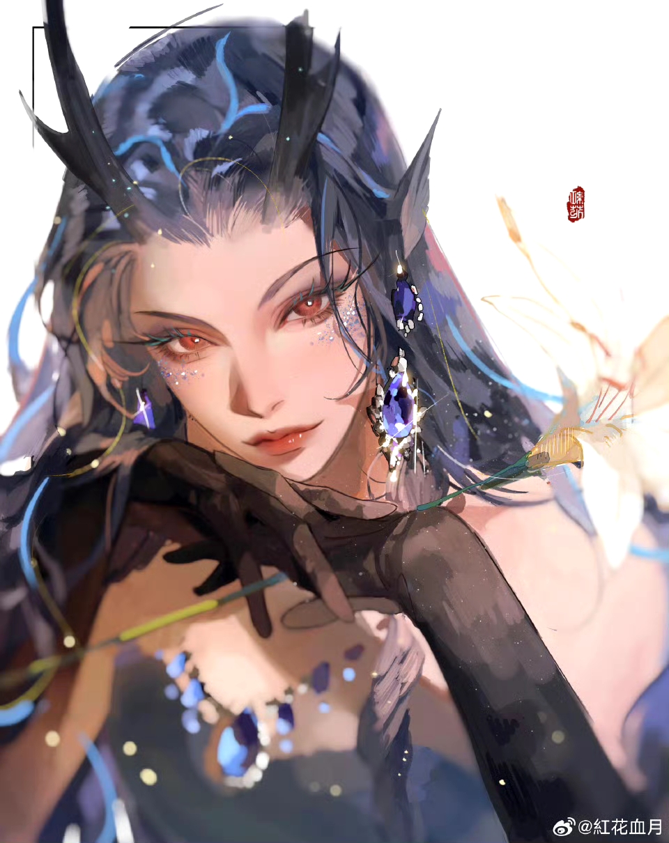 1girl, ao_run_(nezha_zhi_motong_jiangshi), blue_dress, blue_hair, dragon_girl, dragon_horns, dress, highres