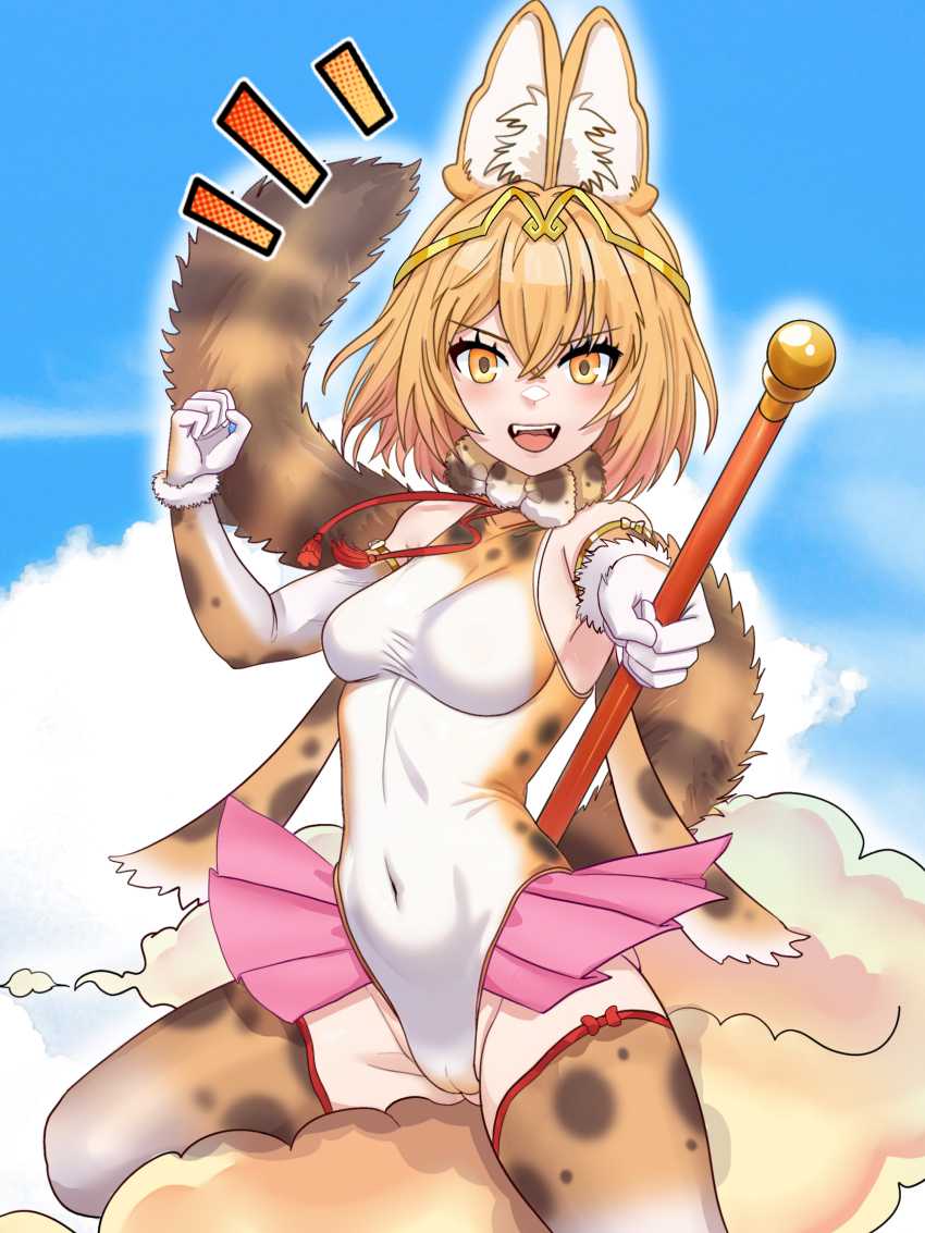 absurdres, adapted_costume, animal_ears, animal_print, blonde_hair, bo_staff, brown_thighhighs, chinese-styled_leotard