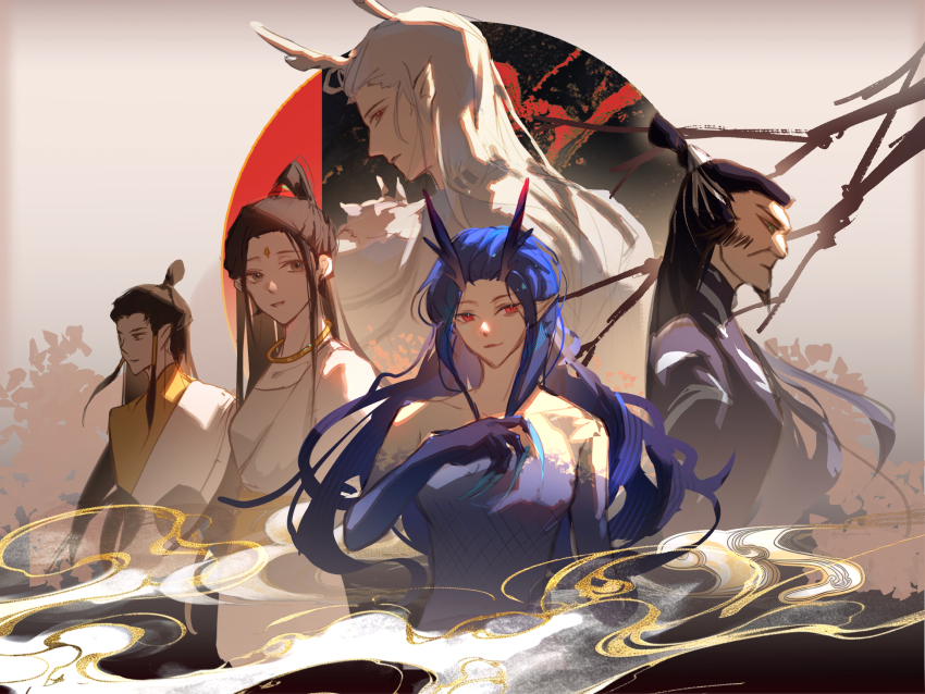 2girls, 3boys, ao_guang_(nezha_zhi_motong_jiangshi), ao_run_(nezha_zhi_motong_jiangshi), beard, black_hair, blue_claws, blue_hair