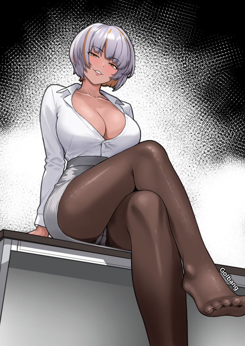 1girl, absurdres, artist_name, breasts, buttons, cleavage, collarbone, collared_shirt, colored_inner_hair, crossed_legs, feet, golbang, grey_hair, grey_skirt, high-waist_skirt, highres, indie_virtual_youtuber, large_breasts, legs, long_sleeves, multicolored_hair, orange_eyes, orange_hair, panties, pantyhose, pantyshot, park_dona, parted_lips, shirt, skirt, streaked_hair, tan, toes, underwear, virtual_youtuber, white_panties, white_shirt