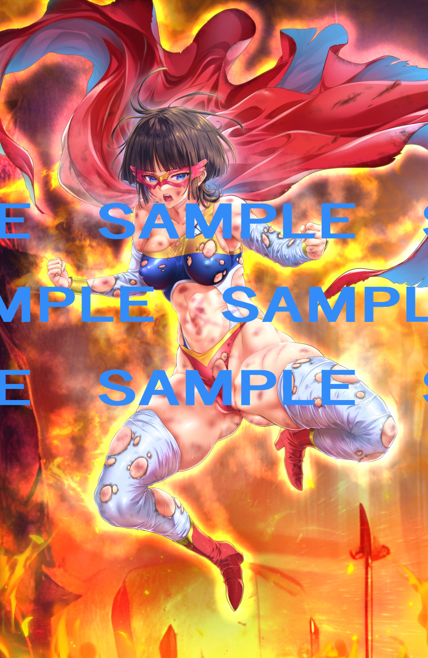 1girl, absurdres, ass, aura, bare_shoulders, blue_eyes, blunt_bangs, boots