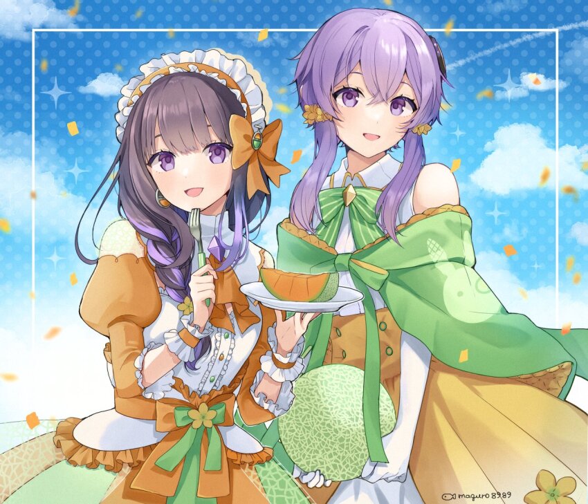 2girls, :d, ascot, bare_shoulders, binchou_maguro, blue_background, bow, bowtie