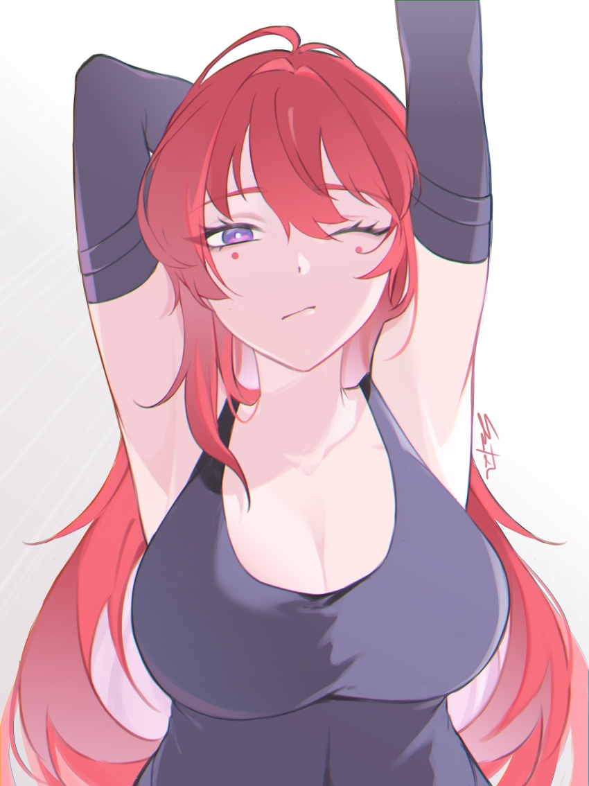 1girl, absurdres, armpits, breasts, circle_facial_mark, cleavage, closed_mouth, collarbone, commentary_request, facial_mark, highres, kazuna_ys, large_breasts, long_hair, looking_at_viewer, mark_under_both_eyes, one_eye_closed, purple_eyes, red_hair, signature, solo, upper_body, wuthering_waves, yinlin_(wuthering_waves)