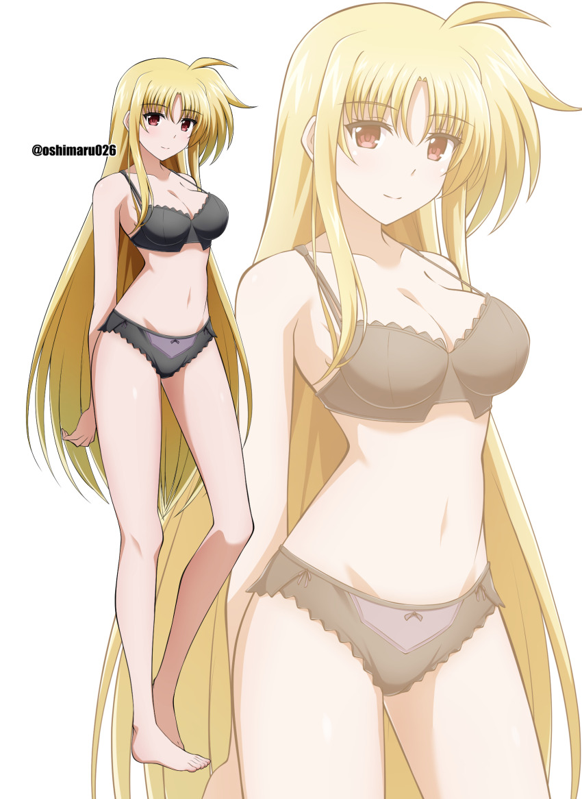 1girl, artist_name, barefoot, black_bra, black_panties, blonde_hair, bra, breasts