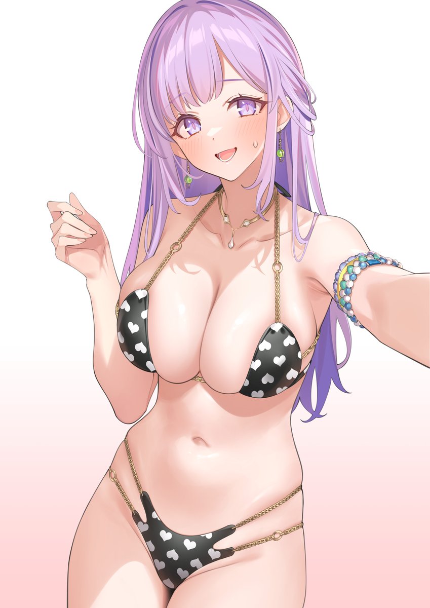 1girl, armlet, bare_shoulders, bikini, blue_hair, blush, breasts, cleavage, collarbone, dead_or_alive, dead_or_alive_xtreme, dead_or_alive_xtreme_venus_vacation, earrings, fiona_(doa), heart, heart_print, highres, jewelry, large_breasts, long_hair, looking_at_viewer, multicolored_hair, navel, official_art, open_mouth, popqn, purple_eyes, purple_hair, second-party_source, smile, solo, standing, streaked_hair, swimsuit, venus_vacation_prism:_dead_or_alive_xtreme, white_background
