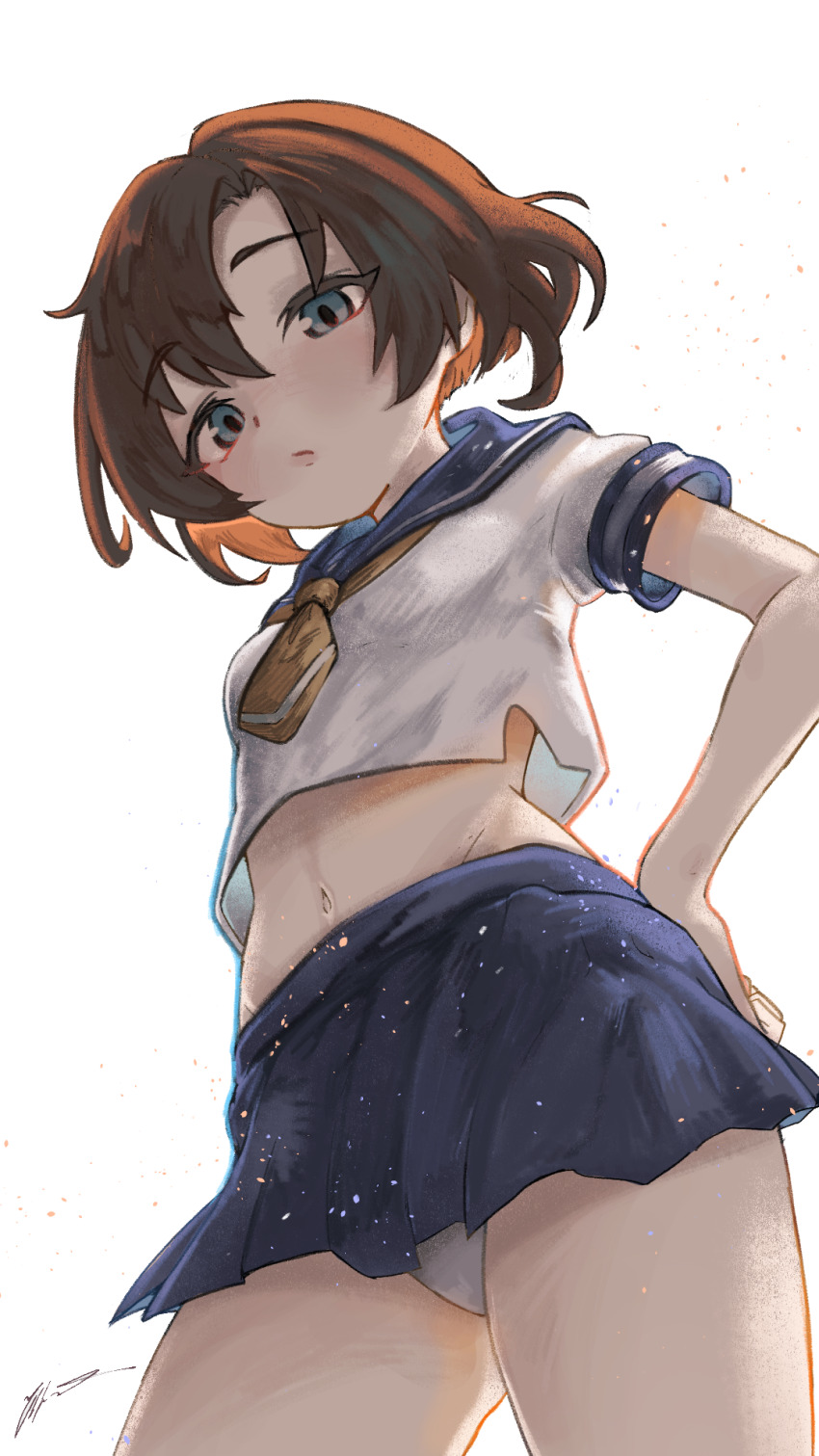 1girl, blue_eyes, blue_sailor_collar, blue_skirt, breasts, brown_hair, commentary_request, cropped_shirt, from_below, hand_on_own_hip, highres, higurashi_no_naku_koro_ni, jjfsantos, navel, neckerchief, panties, pantyshot, parted_bangs, romaji_commentary, ryuuguu_rena, sailor_collar, sailor_shirt, shirt, signature, simple_background, skirt, small_breasts, solo, underwear, white_background, white_panties, white_shirt, yellow_neckerchief
