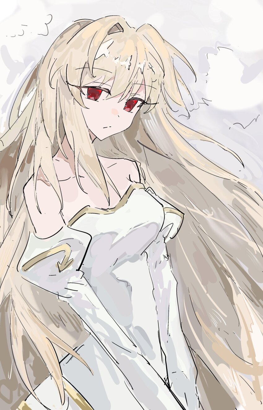 1girl, archetype_earth, arcueid_brunestud, bare_shoulders, blonde_hair, breasts, detached_sleeves, dongxunyu, dress, grey_background, hair_intakes, highres, long_hair, long_sleeves, looking_at_viewer, red_eyes, solo, strapless, strapless_dress, tsukihime, very_long_hair, white_dress