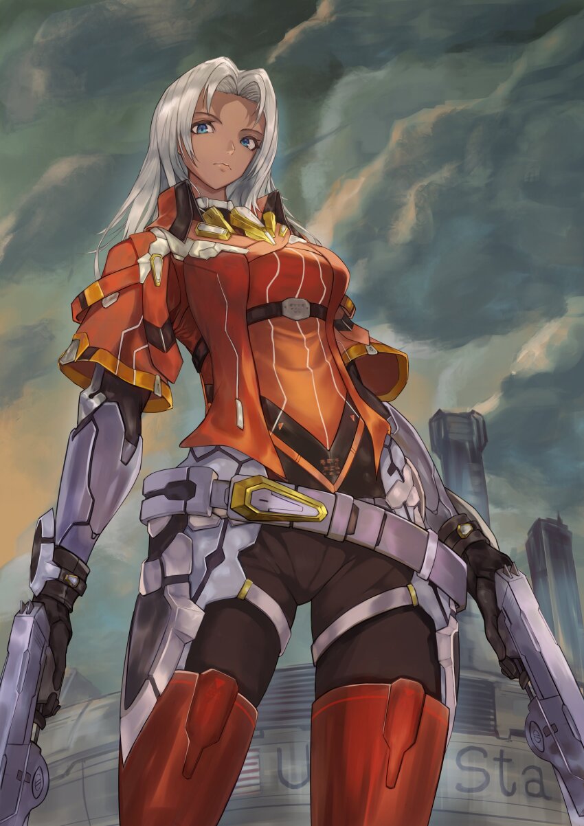 1girl, absurdres, armor, blue_eyes, bodysuit, breasts, cloud, cloudy_sky, dark-skinned_female, dark_skin, elma_(xenoblade_x), gloves, highres, long_hair, looking_at_viewer, sky, solo, teaz917, weapon, white_hair, xenoblade_chronicles_(series), xenoblade_chronicles_x