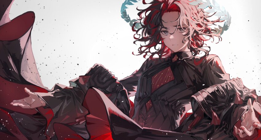 1boy, aiiro, black_coat, black_hair, black_shirt, coat, crown, curly_hair