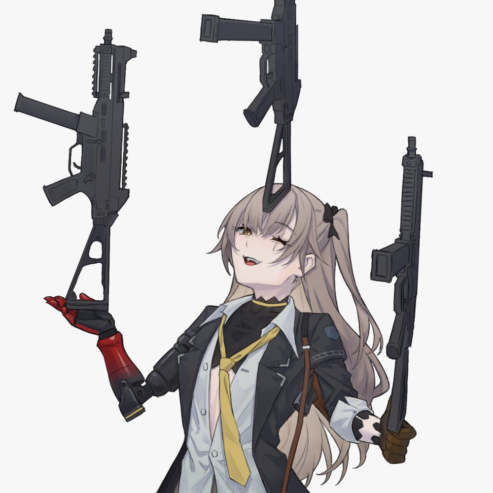 1girl, balancing, black_bow, black_jacket, bow, brown_eyes, brown_hair, collared_shirt, commentary, dress_shirt, english_commentary, girls'_frontline, girls'_frontline_2:_exilium, gun, h&amp;k_ump, hair_bow, handgun, holster, jacket, leva_(girls'_frontline_2), long_hair, looking_at_viewer, loose_necktie, mechanical_arms, necktie, one_eye_closed, one_side_up, open_clothes, open_jacket, open_mouth, partially_unbuttoned, prosthesis, prosthetic_arm, revok, rock_balancing, scar, scar_across_eye, scar_on_face, shirt, shoulder_holster, simple_background, single_mechanical_arm, smile, solo, submachine_gun, teeth, ump45_(girls'_frontline), upper_body, upper_teeth_only, weapon, white_background, white_shirt, yellow_necktie