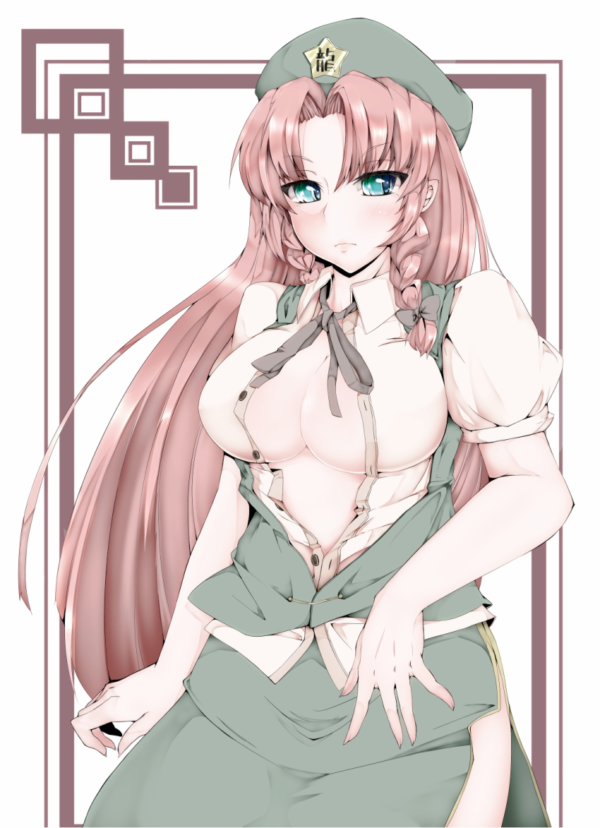 1girl, alternate_costume, aqua_eyes, braid, breasts, cleavage, dress, dress_shirt, female_focus, green_dress, green_eyes, hat, highres, hong_meiling, kinou_no_shika, kinounosika, large_breasts, long_hair, no_bra, open_clothes, open_dress, open_shirt, red_hair, shirt, side_slit, solo, star_(symbol), touhou, twin_braids, very_long_hair