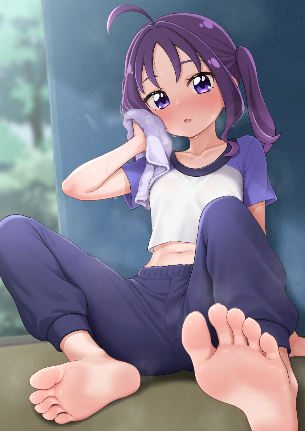 1girl, ahoge, barefoot, blue_pants, blush, collarbone, commentary_request, feet