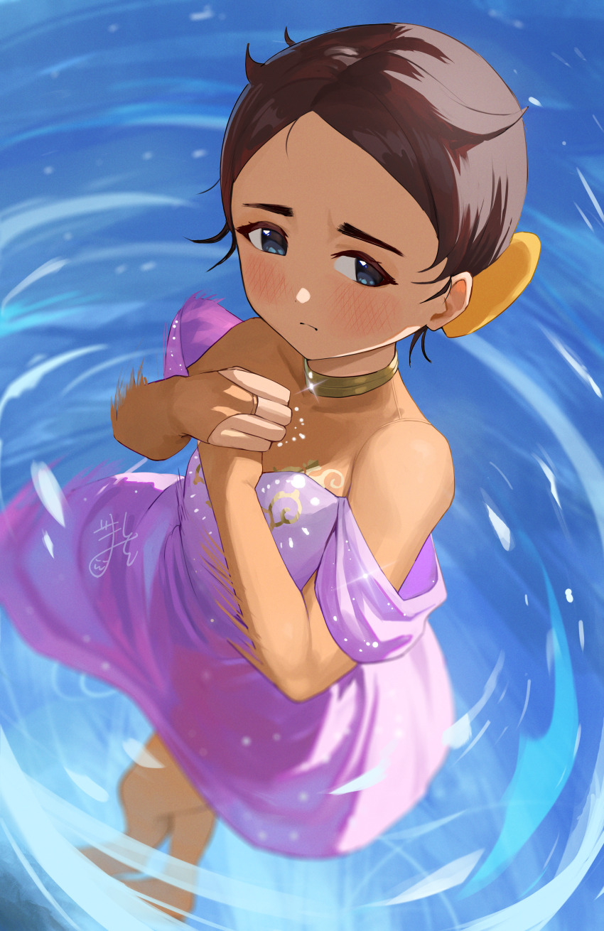 1girl, absurdres, blue_background, blue_eyes, blush, bow, brown_hair, closed_mouth