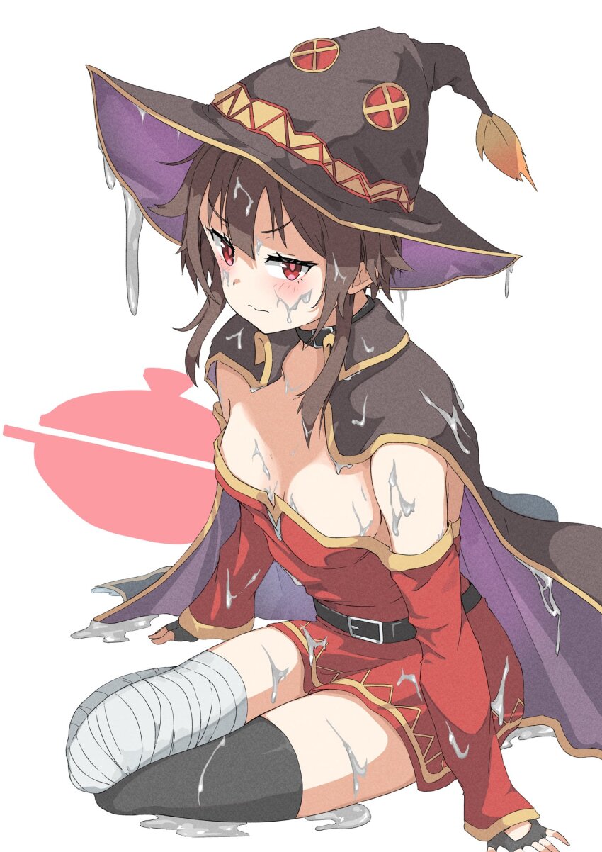 1girl, asymmetrical_legwear, bandaged_leg, bandages, black_choker, black_gloves, black_thighhighs, brown_hair