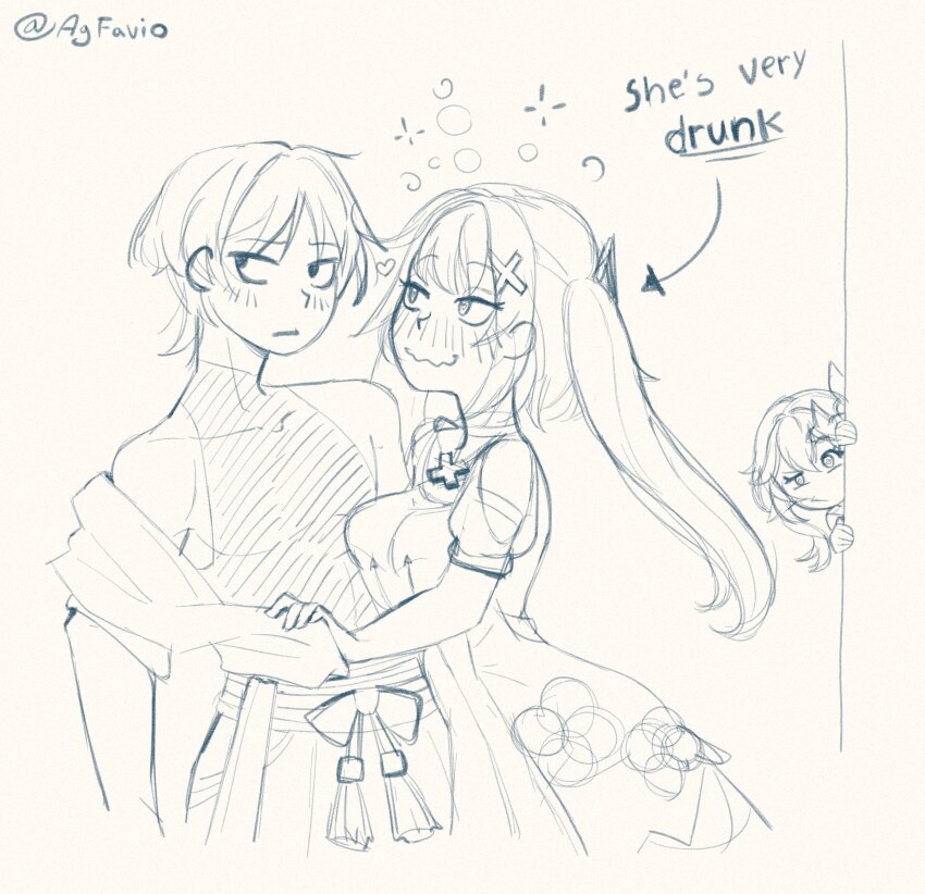 1boy, 2girls, agfavio, armlet, averting_eyes, bare_shoulders, belt, blunt_ends, blush, bodysuit, bow, breast_press, breasts, choppy_bangs, closed_mouth, clothes_down, clothing_cutout, covered_collarbone, covered_pectorals, dress, drunk, english_text, eyelashes, faruzan_(genshin_impact), genshin_impact, greyscale, hair_between_eyes, hair_ornament, hakama, hakama_shorts, heart, heart-shaped_pupils, hetero, highres, hip_vent, japanese_clothes, jewelry, kimono, long_hair, looking_at_another, medium_breasts, monochrome, multiple_girls, nahida_(genshin_impact), pectorals, peeking_out, pleated_shorts, pointy_ears, sash, scaramouche_(genshin_impact), short_sleeves, shorts, shoulder_cutout, sidelocks, sketch, smile, symbol-shaped_pupils, tassel, twintails, twitter_username, undressing_another, uneven_eyes, wanderer_(genshin_impact), wavy_mouth, x_hair_ornament