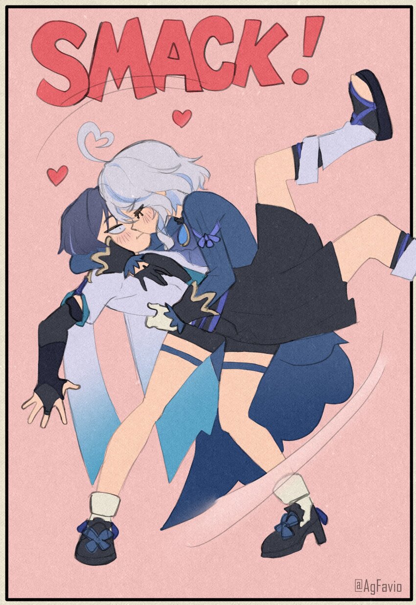 1boy, 1girl, absurdres, agfavio, ahoge, arm_around_shoulder, ascot, asymmetrical_gloves