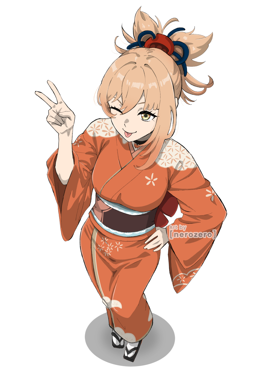 1girl, absurdres, genshin_impact, highres, japanese_clothes, kimono, nerozero, one_eye_closed, socks, standing, tongue, tongue_out, v, white_background, white_socks, yoimiya_(genshin_impact), yukata