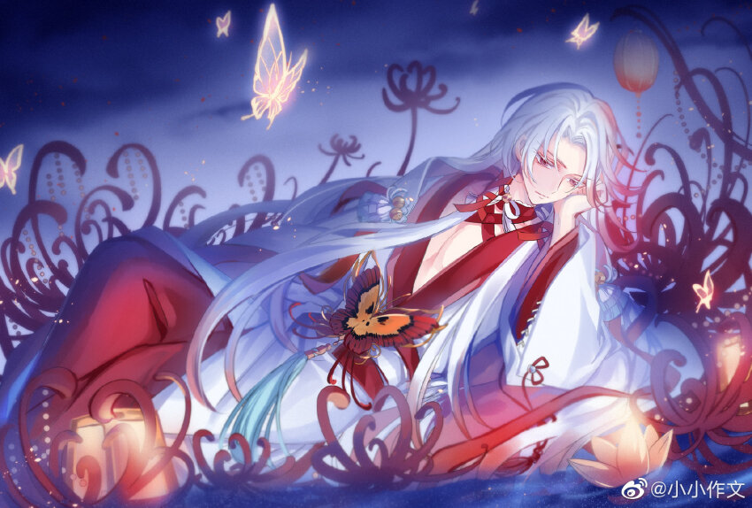 1boy, bug, butterfly, butterfly_ornament, chinese_clothes, chinese_commentary, choker, colored_eyelashes