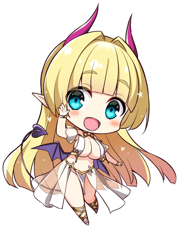 1girl, :d, blonde_hair, blue_eyes, blush, breast_curtains, breasts, chibi, chibi_only, cleavage, demon_girl, demon_horns, demon_tail, demon_wings, derauea, elf, elze_eve_dianta, game_cg, hair_intakes, heart, horns, large_breasts, long_hair, looking_at_viewer, motto!_haramase!_(series), motto!_haramase!_honoo_no_oppai_isekai_chou_ero_succubus_gakuen!, navel, non-web_source, official_alternate_costume, official_art, open_mouth, pelvic_curtain, pointy_ears, purple_horns, see-through_clothes, see-through_skirt, skirt, smile, solo, star_(symbol), tail, wings
