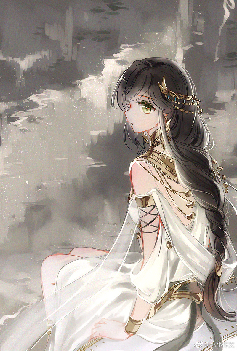 1girl, ancient_greek_clothes, bare_shoulders, black_hair, bracer, braid, chinese_commentary, detached_sleeves