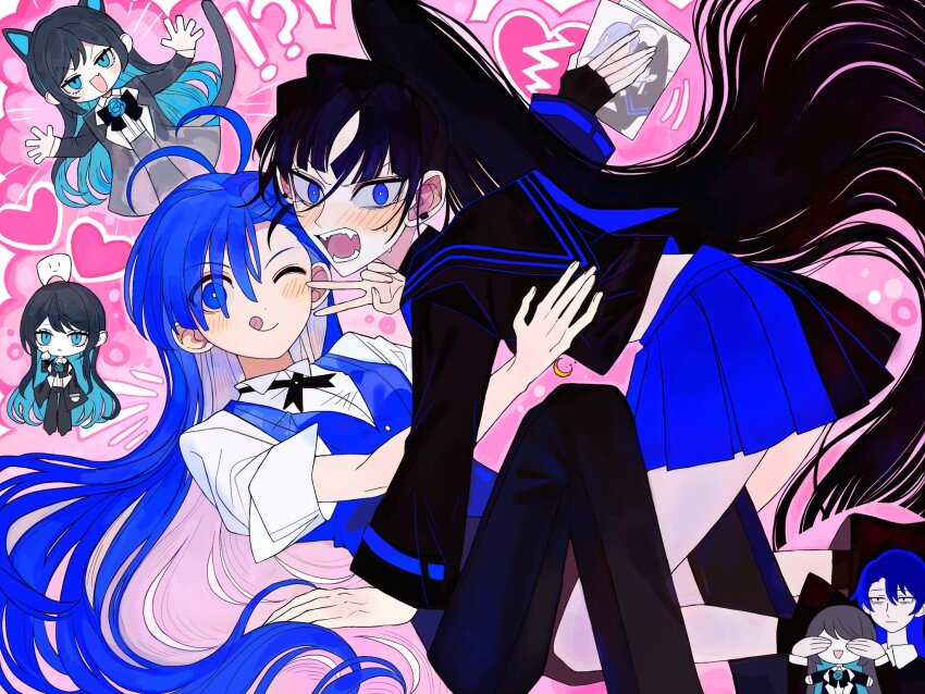 !?, 4girls, ado_(utaite), ahoge, animal_ears, atashi_wa_mondaisaku, black_coat, black_hair, black_pants, black_ribbon, black_shirt, blue_eyes, blue_hair, blue_skirt, blue_vest, blush, cat_ears, cat_girl, cat_tail, chando_(ado), chinese_commentary, closed_mouth, coat, colored_inner_hair, commentary_request, covering_another's_eyes, dmyfish, ear_blush, earclip, fangs, ha-chan_(ado), hair_between_eyes, heart, highres, kemonomimi_mode, long_hair, multicolored_hair, multiple_girls, naima_(ado), neck_ribbon, open_clothes, open_coat, open_mouth, pants, pleated_skirt, ponytail, readymade_(ado), ribbon, shirt, skirt, tail, teeth, tongue, tongue_out, usseewa, utaite, v, vest, white_shirt, yuri_(object)
