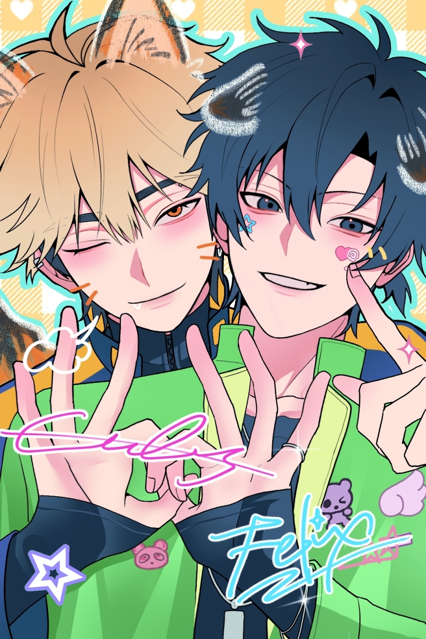 2boys, alternate_costume, animal_ears, black_eyes, black_hair, black_shirt, blonde_hair, blush