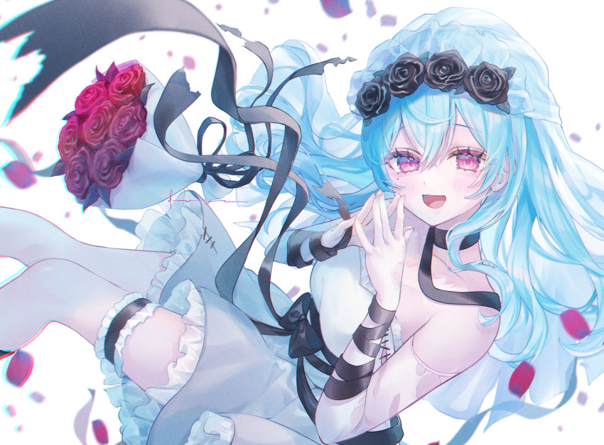 1girl, :d, bare_shoulders, black_choker, black_flower, black_rose, blue_hair, bouquet
