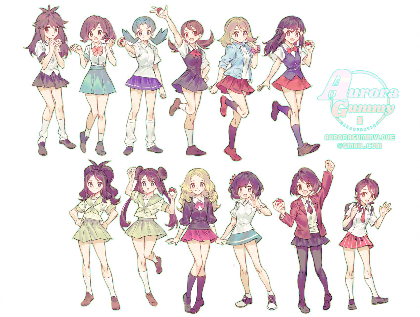 6+girls, antenna_hair, arm_up, artist_name, auroragummy, backpack, bag, bow, bowtie, brown_eyes, brown_hair, commentary_request, cosplay, dawn_(pokemon), double_bun, elaine_(pokemon), email_address, gloria_(pokemon), green_skirt, hair_bun, hand_up, hands_on_own_hips, hands_up, highres, hilda_(pokemon), holding, holding_poke_ball, jacket, juliana_(pokemon), knees, kris_(pokemon), lass_(pokemon), lass_(pokemon)_(cosplay), lass_(pokemon_bw), lass_(pokemon_dppt), lass_(pokemon_frlg), lass_(pokemon_gsc), lass_(pokemon_hgss), lass_(pokemon_lgpe), lass_(pokemon_oras), lass_(pokemon_sm), lass_(pokemon_swsh), lass_(pokemon_xy), leaf_(pokemon), leg_up, long_hair, loose_socks, lyra_(pokemon), may_(pokemon), multiple_girls, necktie, nintendo, open_clothes, open_jacket, pantyhose, pleated_skirt, poke_ball, poke_ball_(basic), pokemon, pokemon_black_and_white, pokemon_black_2_and_white_2, pokemon_diamond/pearl/platinum, pokemon_firered_and_leafgreen, pokemon_gold/silver/crystal, pokemon_heartgold_and_soulsilver, pokemon:_let's_go_pikachu!_and_let's_go_eevee!, pokemon_omega_ruby_and_alpha_sapphire, pokemon_sun_and_moon, pokemon_scarlet_and_violet, pokemon_sword_and_shield, pokemon_x_and_y, red_skirt, rosa_(pokemon), scrunchie, selene_(pokemon), serena_(pokemon), shirt, shoes, short_necktie, short_sleeves, sidelocks, skirt, socks, standing, twintails, vest, white_shirt, white_socks, wrist_scrunchie