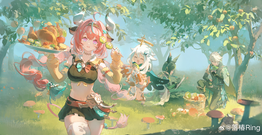 2boys, 2girls, absurdres, ahoge, alhaitham_(genshin_impact), animal_ears, aqua_hair, bandaid